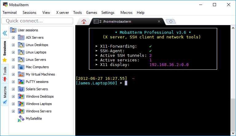 mobaXterm showing the sessions tree and an SSH terminal